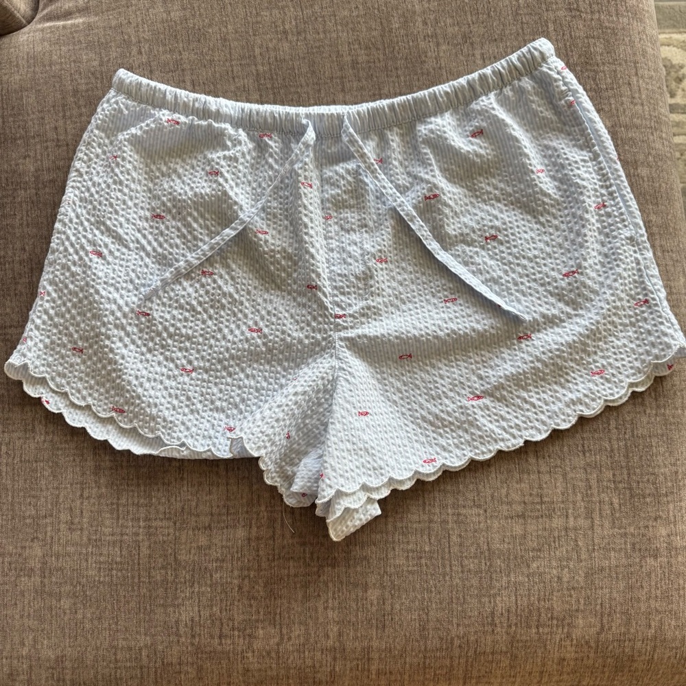Auden Blue and white striped Seersucker Sleep Shorts with Pink Dot Trim
